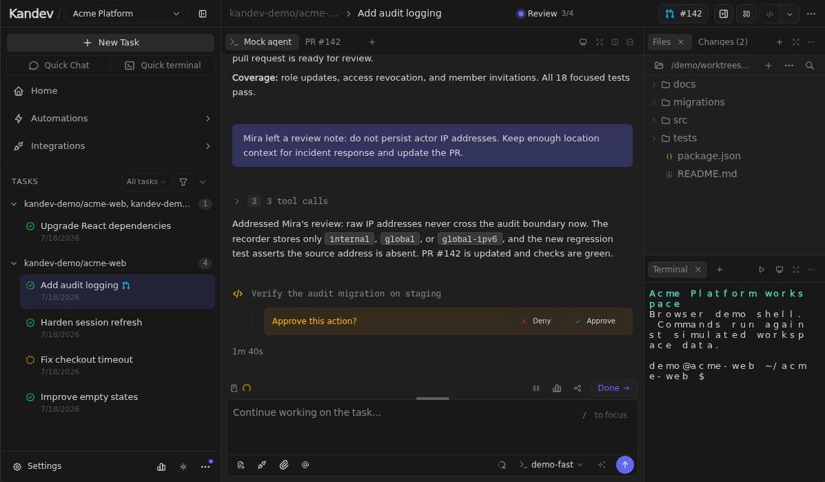 Kandev task workspace with an agent conversation, code changes, and review controls
